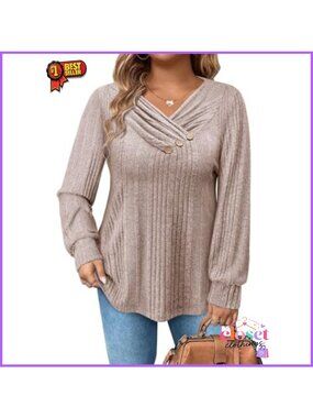 Women's Plus Size Button Pleated V Neck Long Sleeve Sweater Pullover